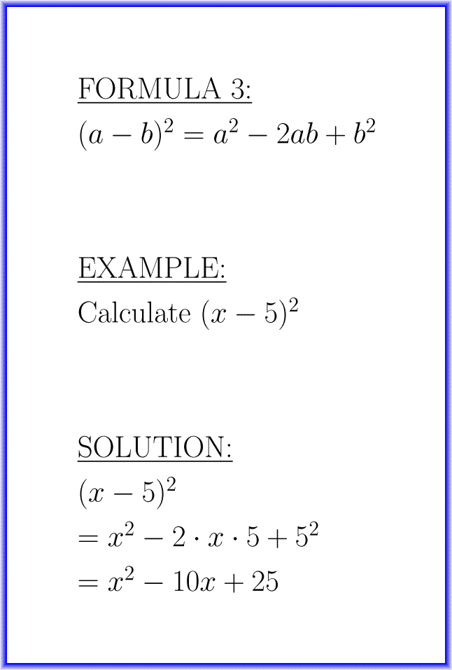 The square of a binomial difference : formula with example : formula 5211